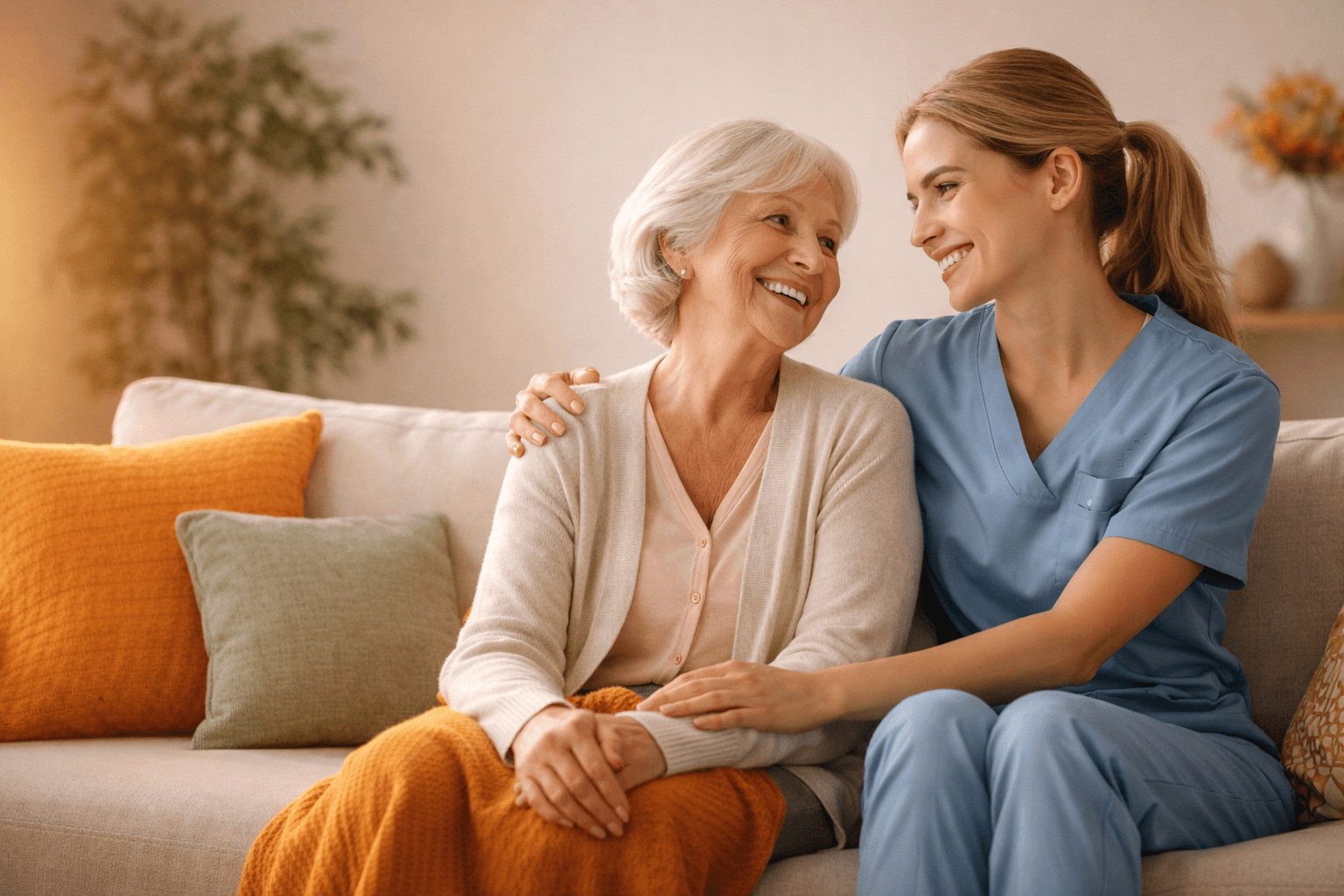 Caregiver and elderly woman smiling on couch