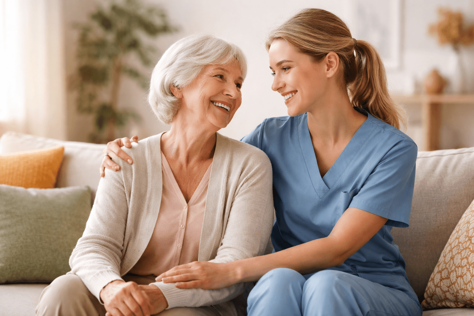 Caregiver and elderly woman smiling on couch